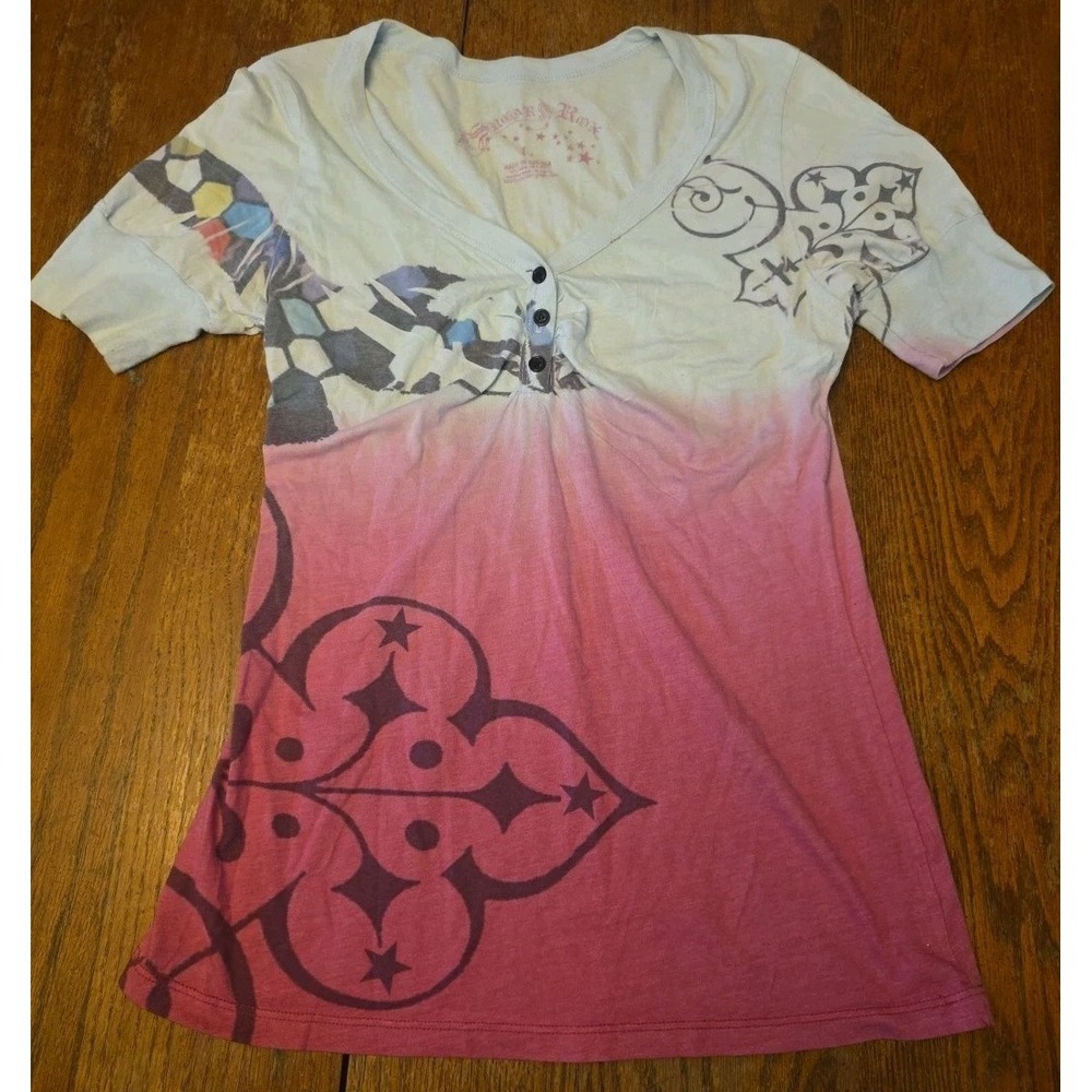 Womens Distressed‎ Grunge T Shirt Sugar & Rox Y2K Blue Pink Gothic Punk Large